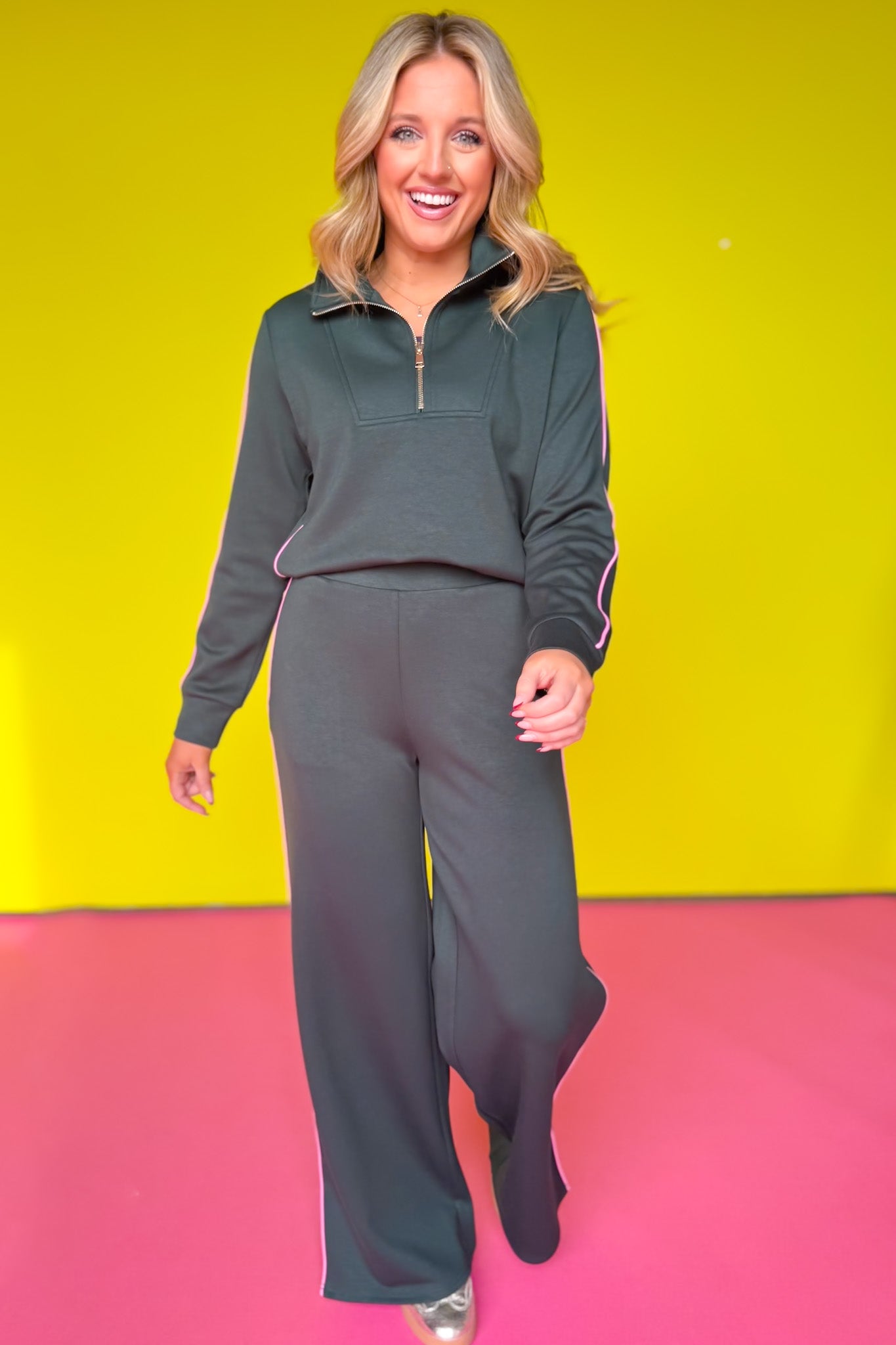 SSYS Sutton Air Long Sleeve Side Stripe Wide Leg Pants Set In Hunter