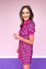 SSYS Bright Pink Floral Puff Short Sleeve Collared Scuba Dress