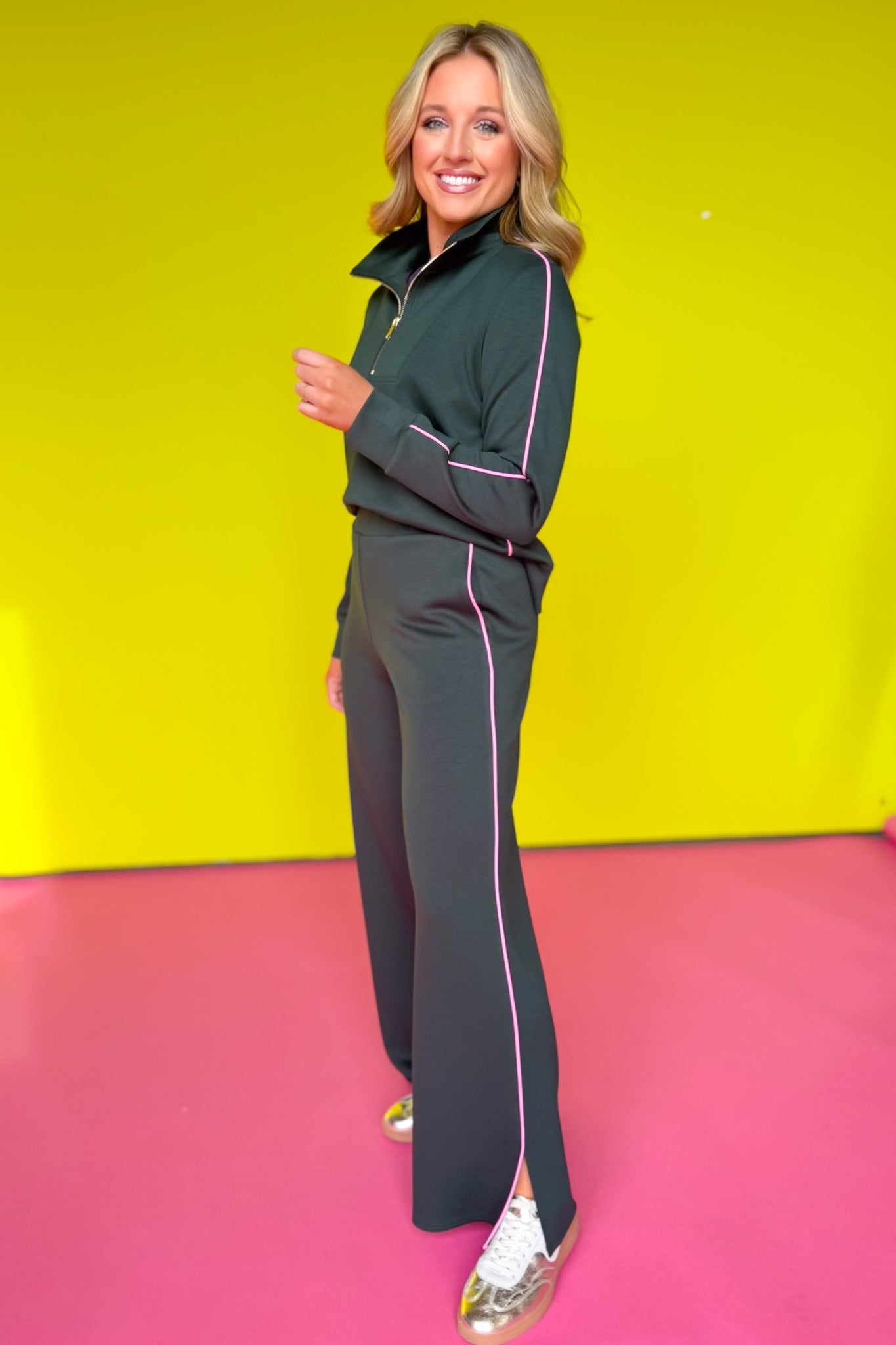 SSYS Sutton Air Long Sleeve Side Stripe Wide Leg Pants Set In Hunter