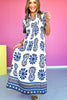 Navy Printed Smocked Yoke Balloon Sleeve Midi Dress