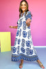 Navy Printed Smocked Yoke Balloon Sleeve Midi Dress