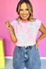 Pink Striped Knit Shoulder Pleat Button Detail Top *FINAL SALE*