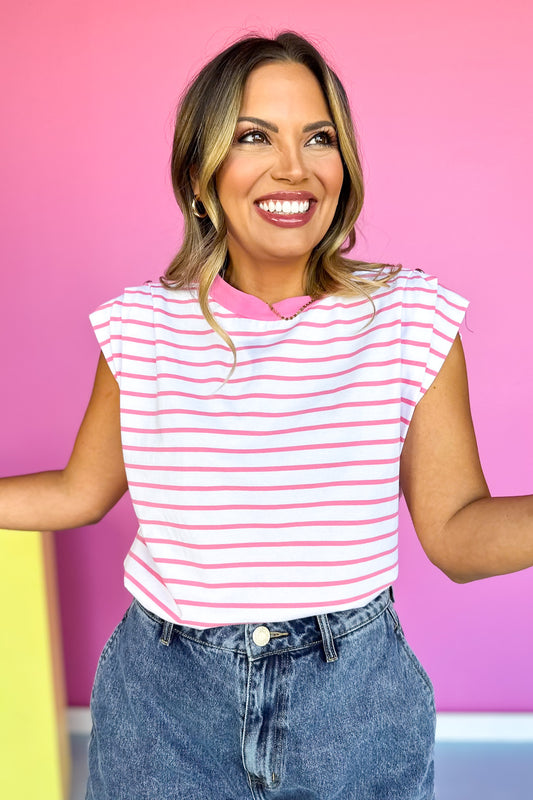 Pink Striped Knit Shoulder Pleat Button Detail Top *FINAL SALE*
