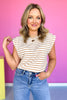 Taupe Striped Knit Shoulder Pleat Button Detail Top *FINAL SALE*