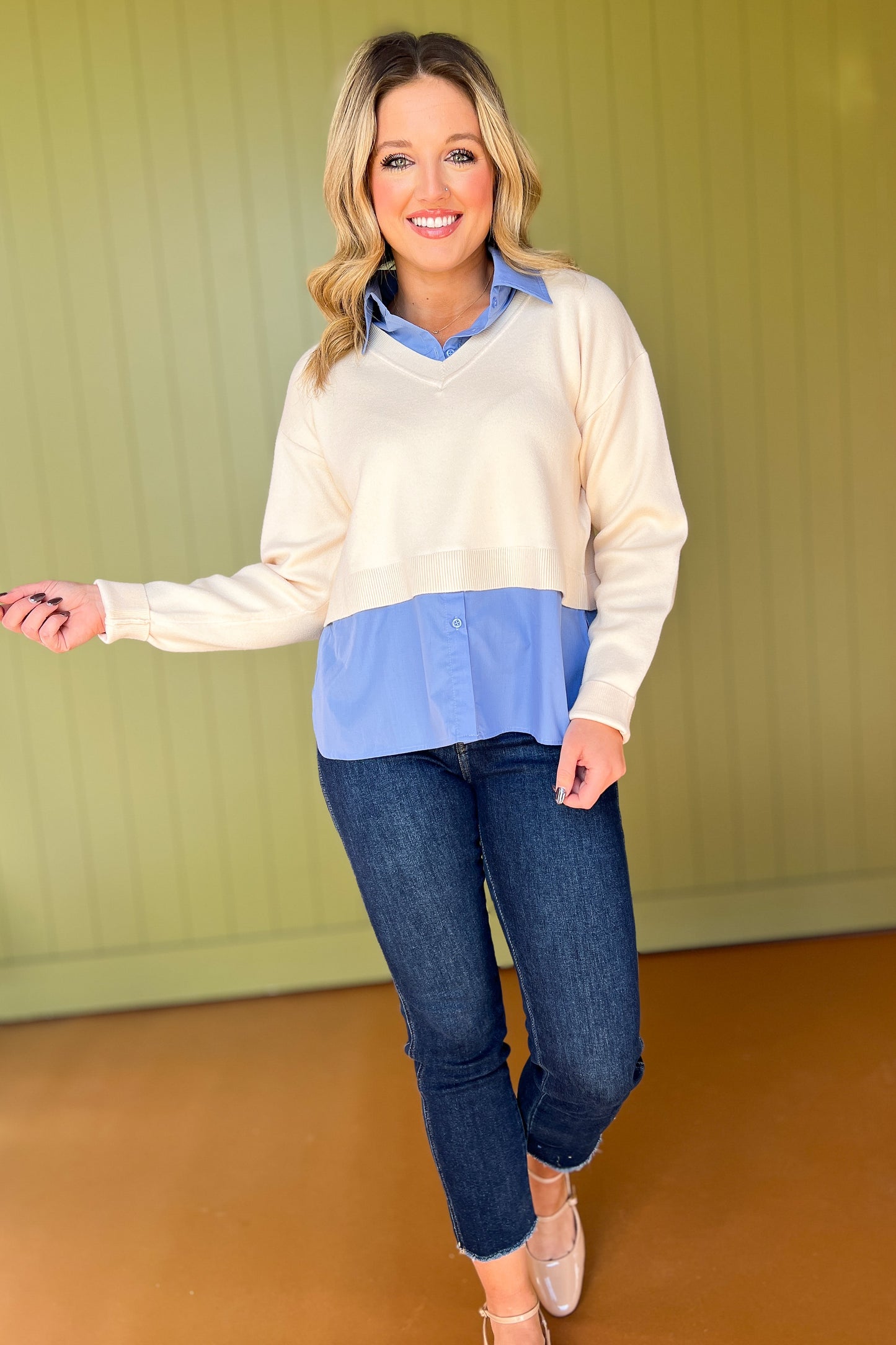 Cream Solid Knit Collared Long Sleeve Twofer Top