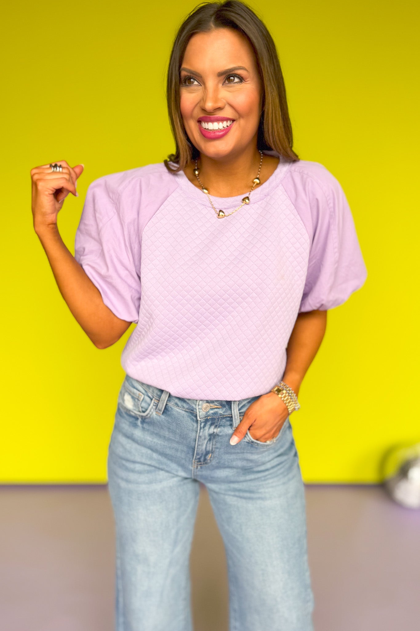 Lavender Quilted Bodice Poplin Bubble Short Sleeve Top