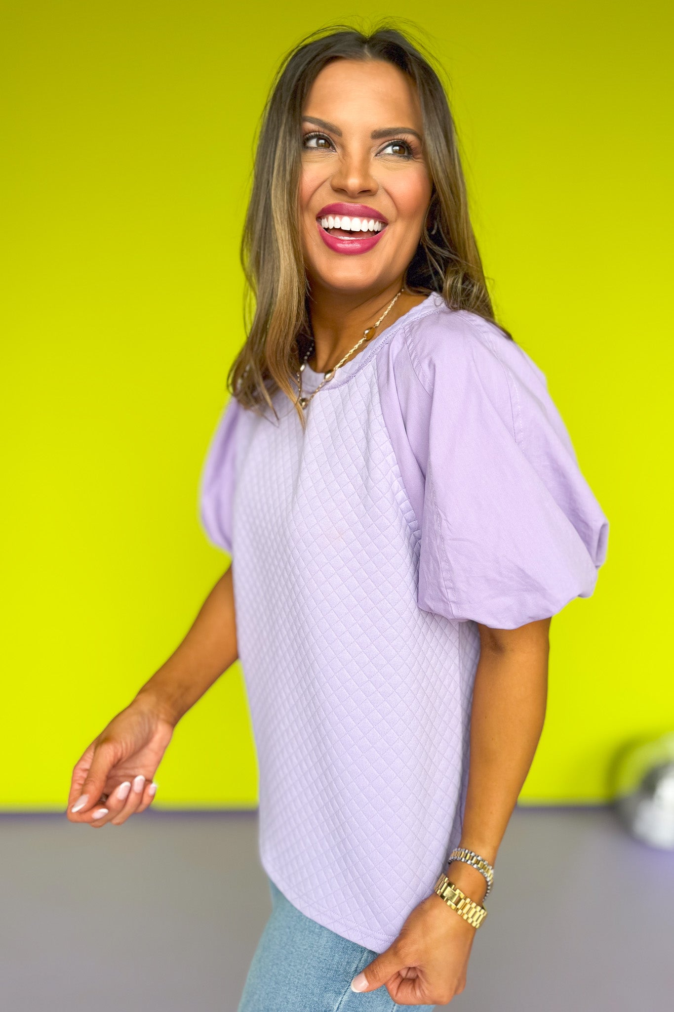 Lavender Quilted Bodice Poplin Bubble Short Sleeve Top