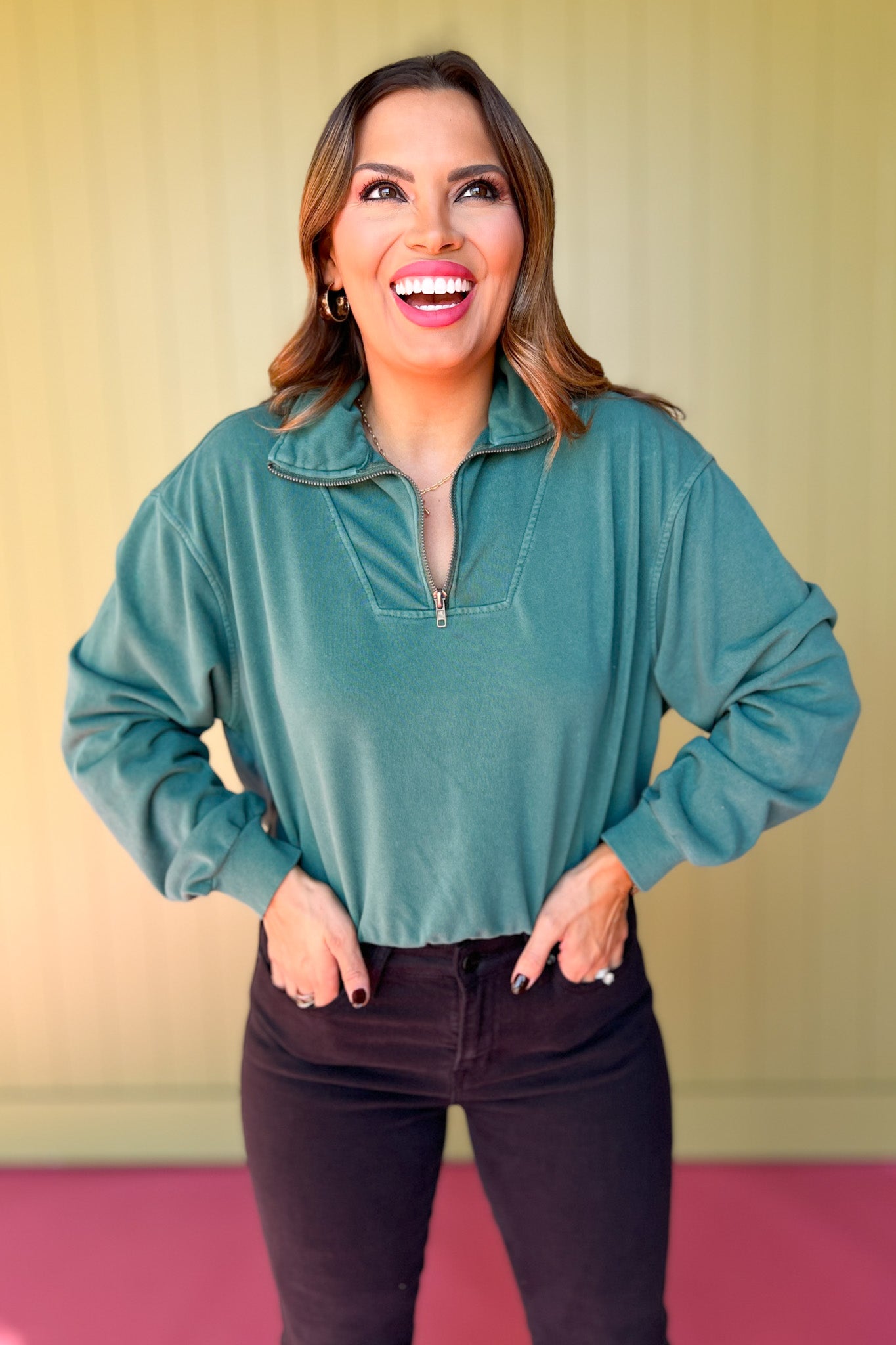 Dark Green Collared Half Zip Pullover Sweatshirt FINAL SALE SSYS