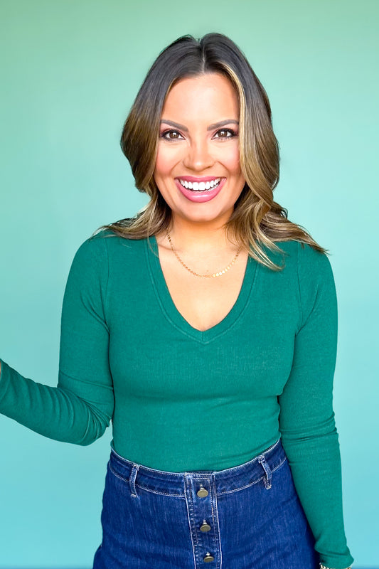 SSYS Ribbed V Neck Long Sleeve Top In Hunter