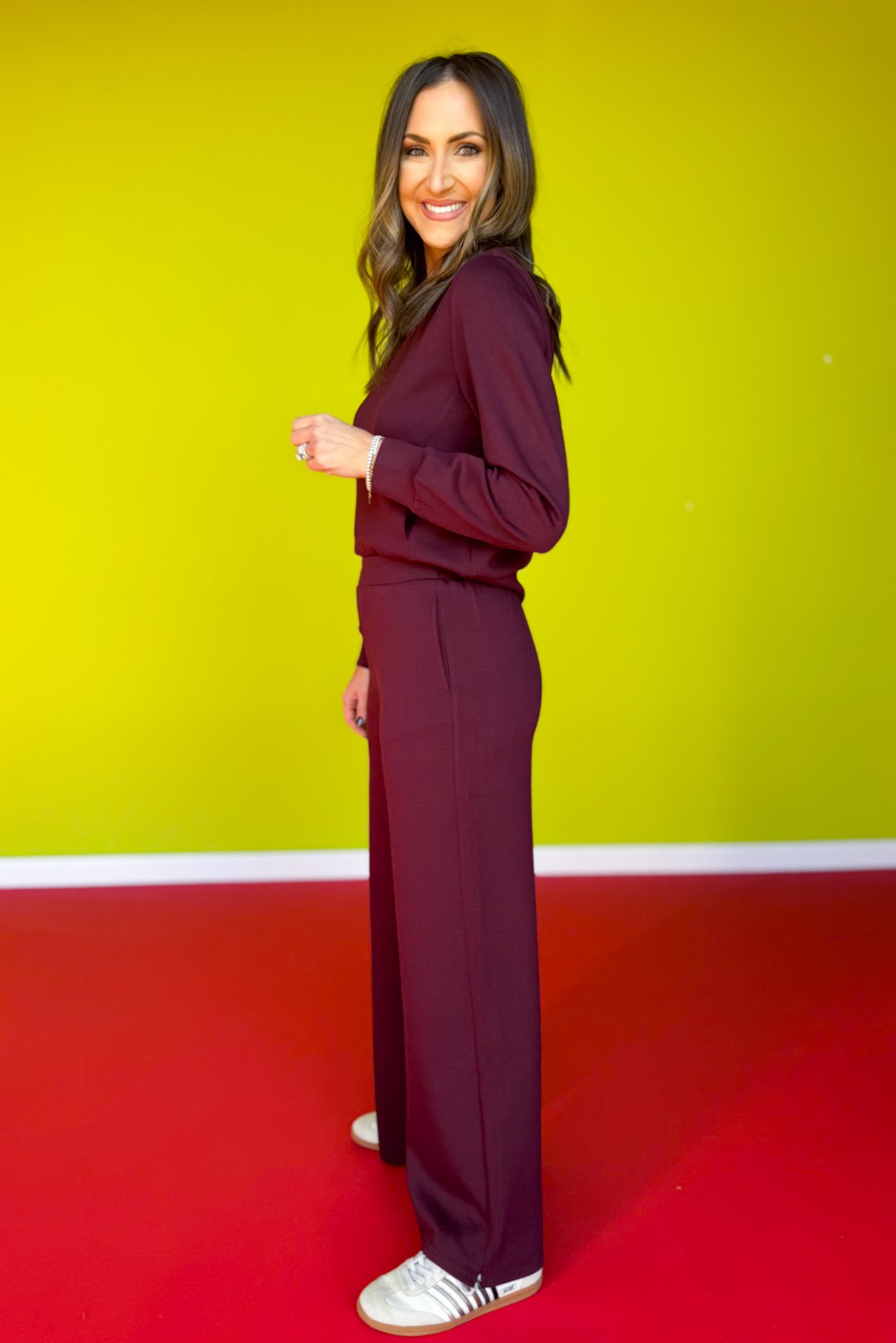 SSYS Flat Front Air Wide Leg Pants In Maroon *FINAL SALE*