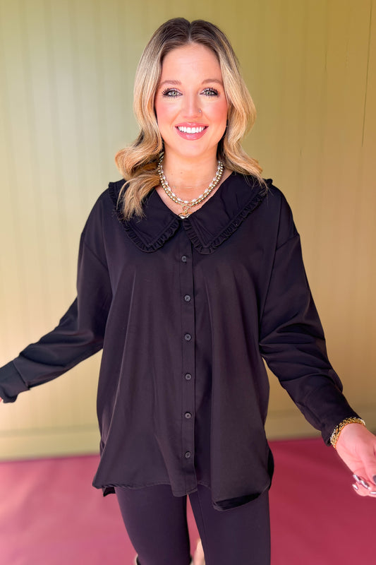 Black Peter Pan Collar Button Up High Low Hem Top