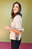 Taupe Textured 3/4 Puff Sleeve Stripe Rib Band Henley Top