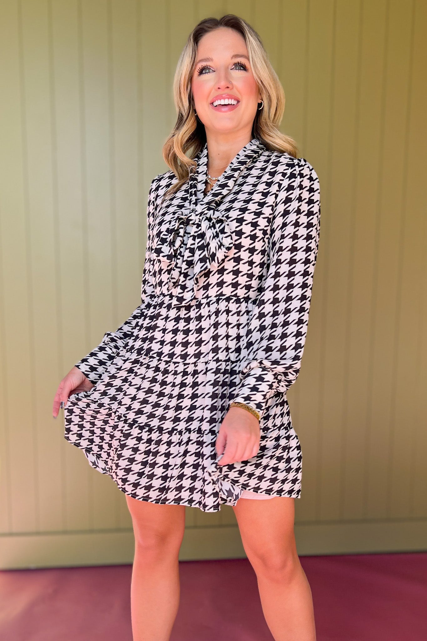 Black Houndstooth Print Tie Neck Tiered Dress