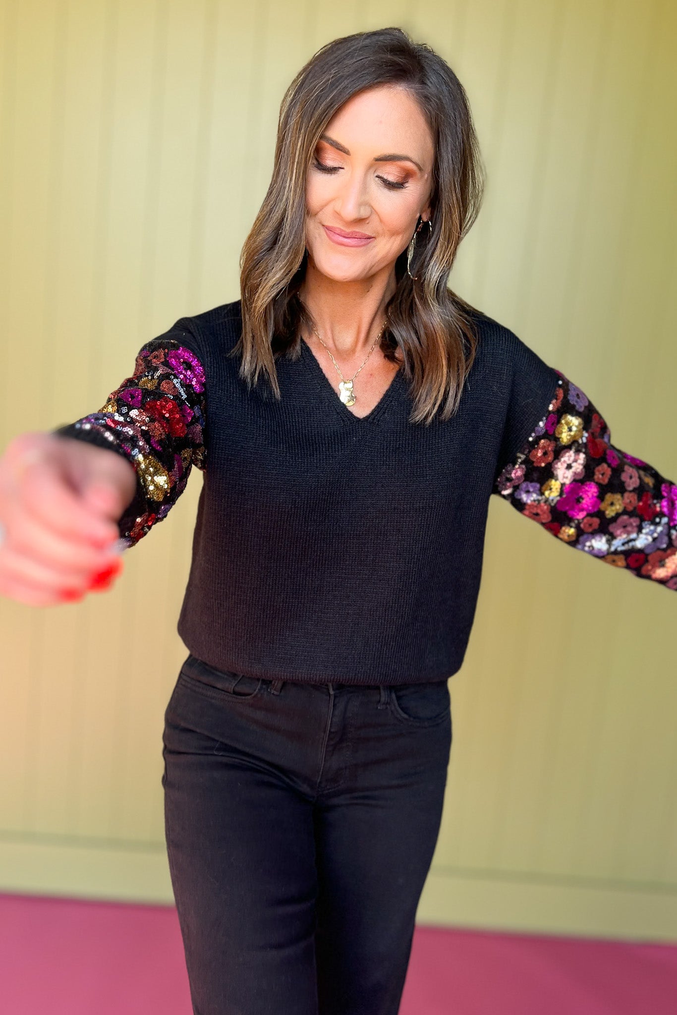 Black Knit Multi Floral Sequin Embellished Sleeve Sweater Top