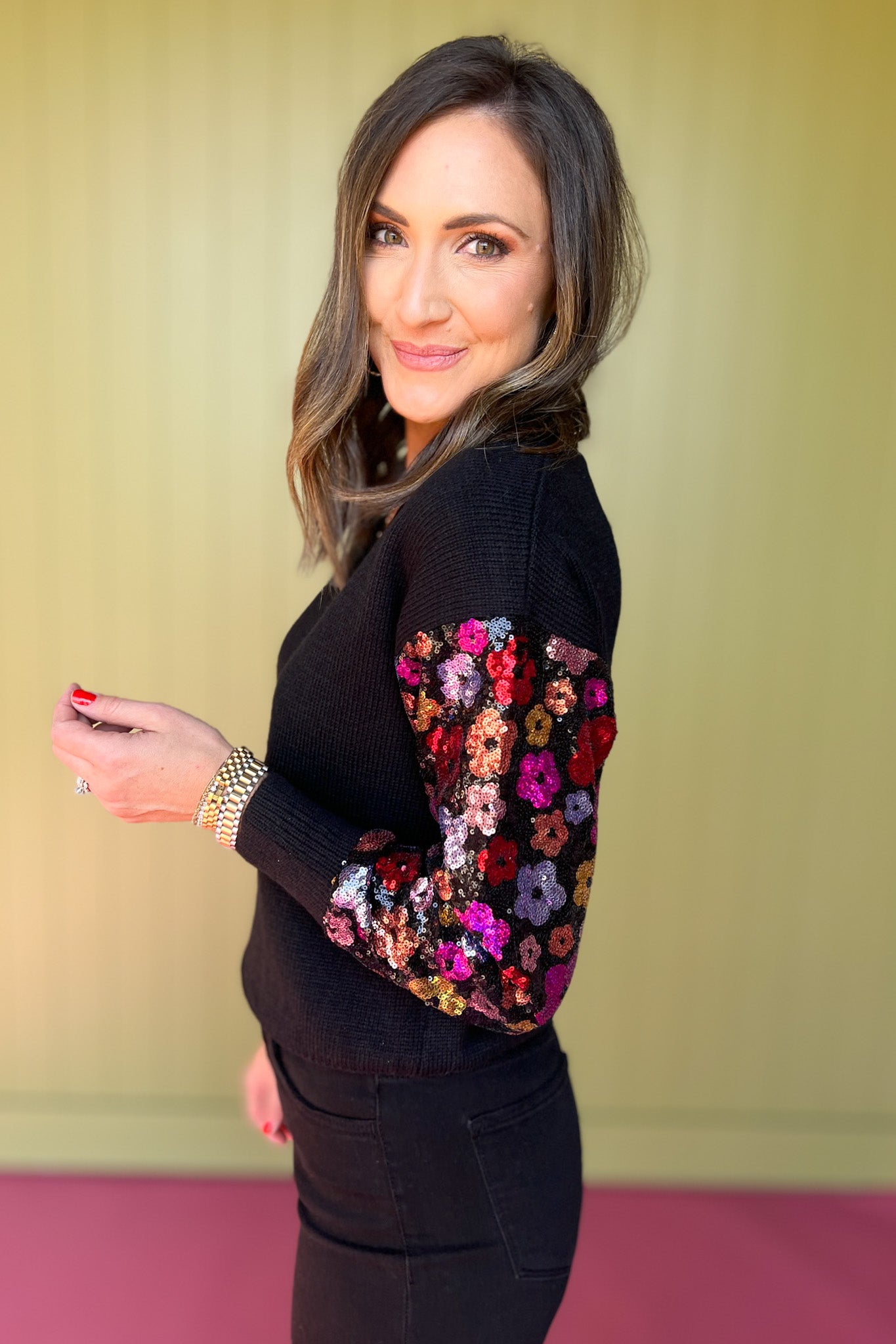 Black Knit Multi Floral Sequin Embellished Sleeve Sweater Top