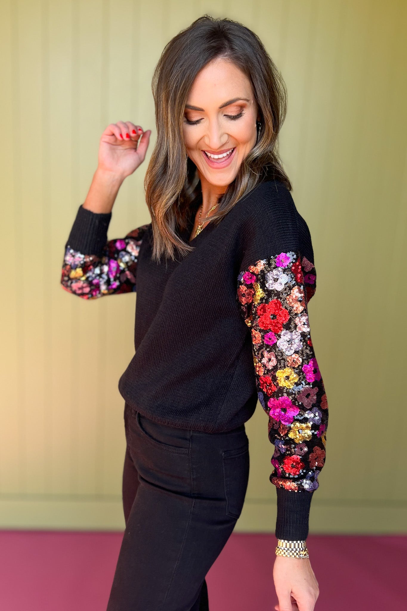 Black Knit Multi Floral Sequin Embellished Sleeve Sweater Top *FINAL SALE*