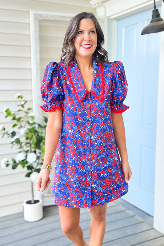 SSYS Gemma Peter Pan Collared Dress In Royal Red Ditsy Floral