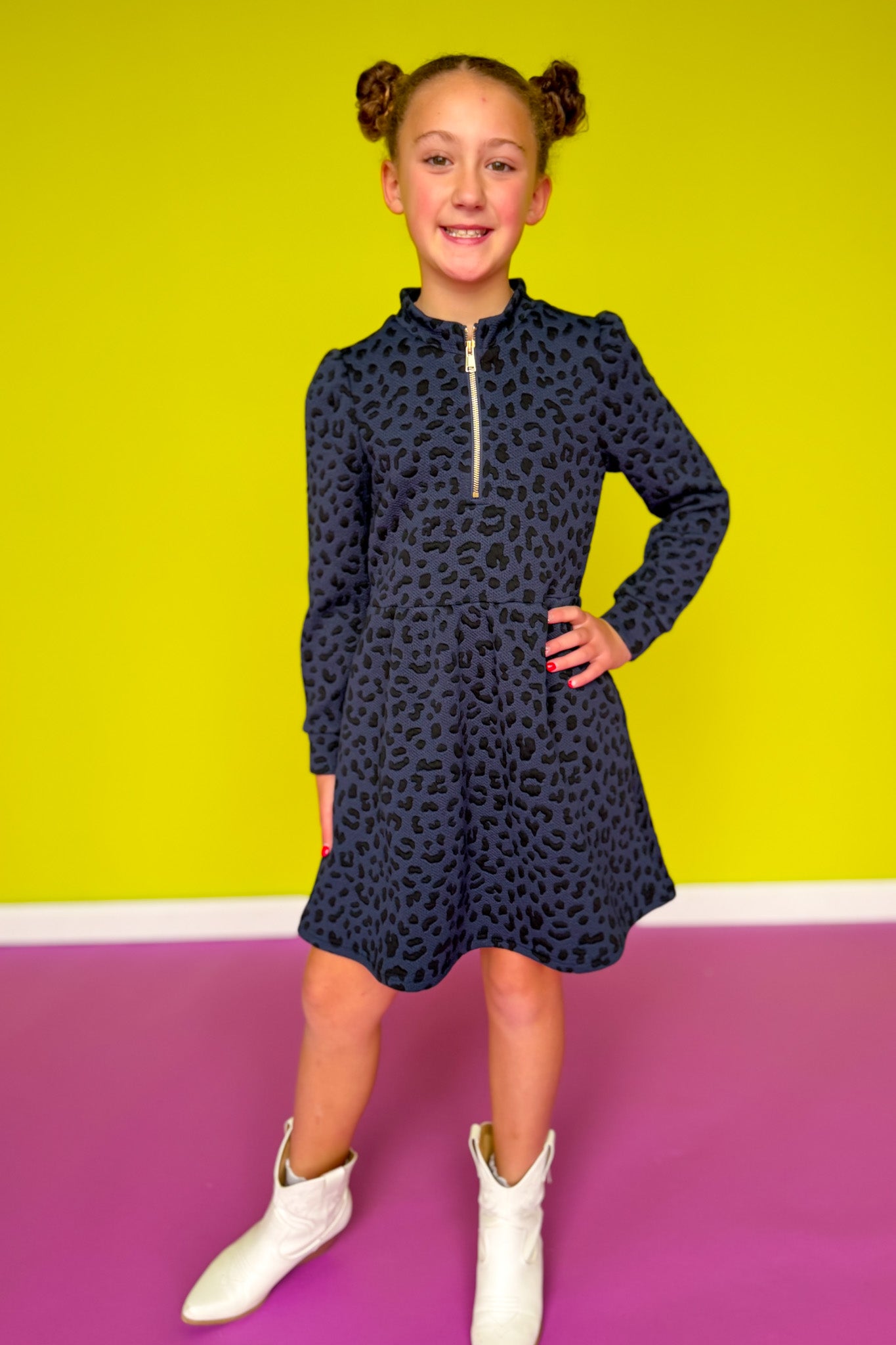 SSYS Kids Lainey Long Sleeve Dress In Navy Animal