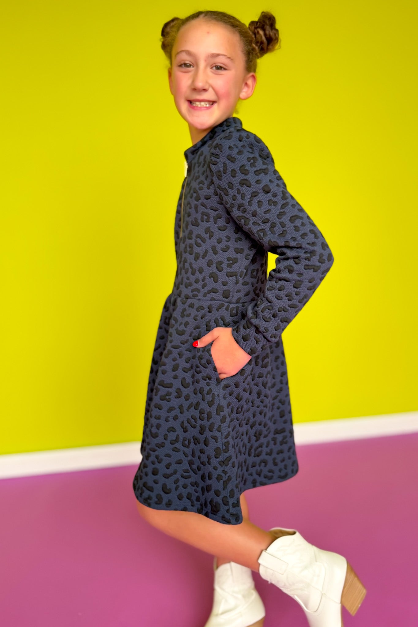 SSYS Kids Lainey Long Sleeve Dress In Navy Animal