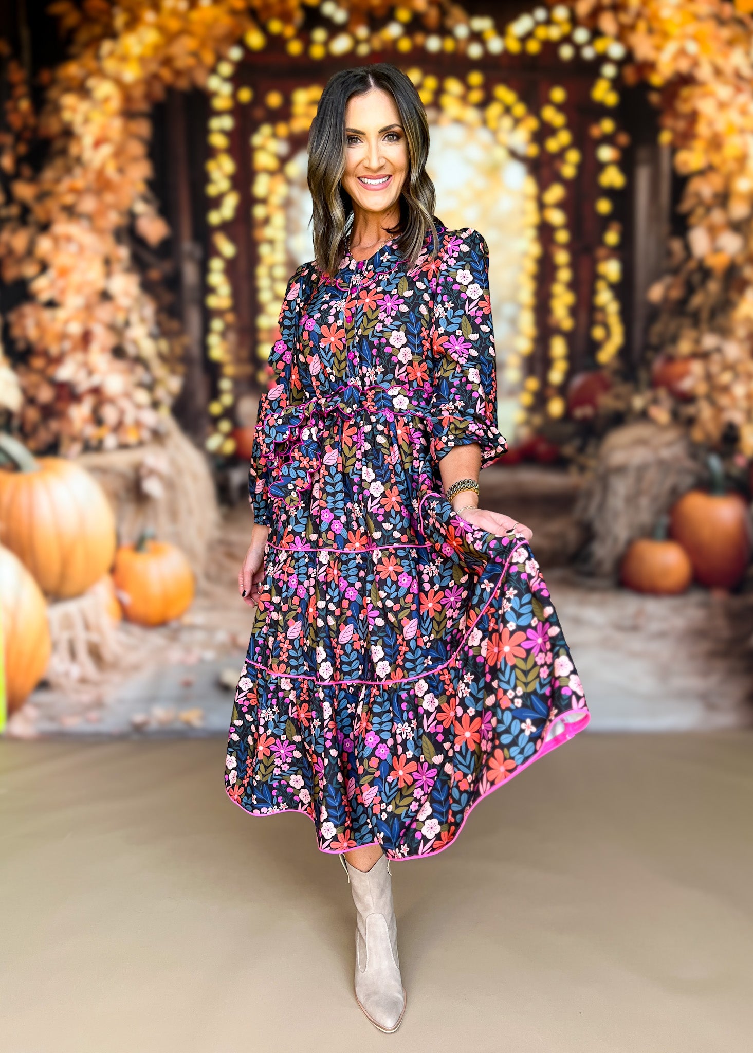 floral midi dress sale Listicle Women's Flower Fields Tiered Floral Midi Dress in White