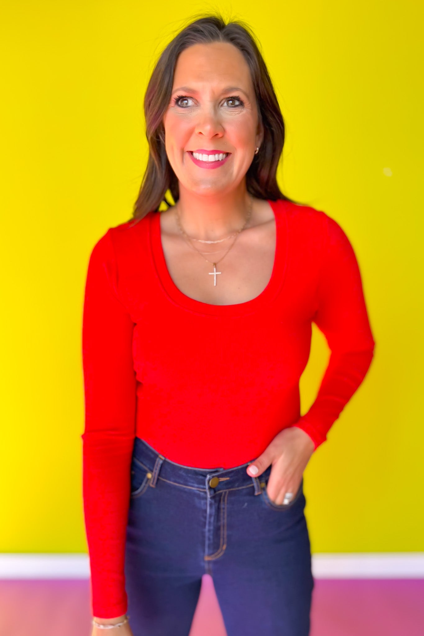 SSYS Ribbed U Neck Long Sleeve Top In Red