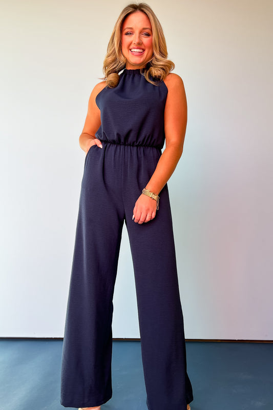 Navy Crepe Sleeveless Elastic Jumpsuit, date night, special occasion, summer ready, easy to wear, new arrivals, boutique style, ssys by mallory fitzsimmons