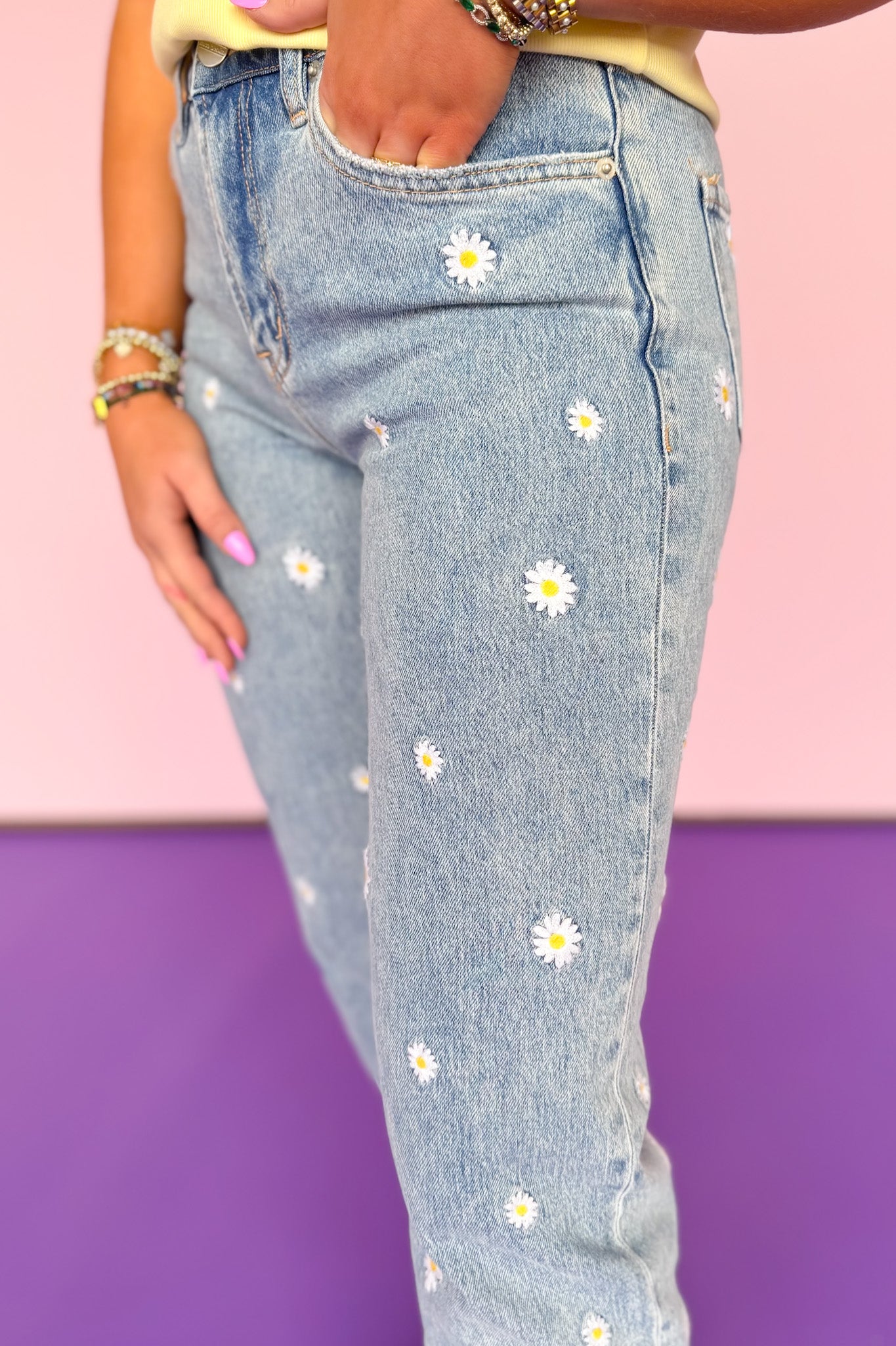 Mica High Rise Daisy Embroidered Straight Leg Jeans