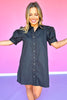 Black Collared Button Down Swirl Trim Short Puff Sleeve Dress