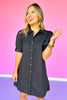 Black Collared Button Down Swirl Trim Short Puff Sleeve Dress