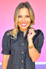 Black Collared Button Down Swirl Trim Short Puff Sleeve Dress