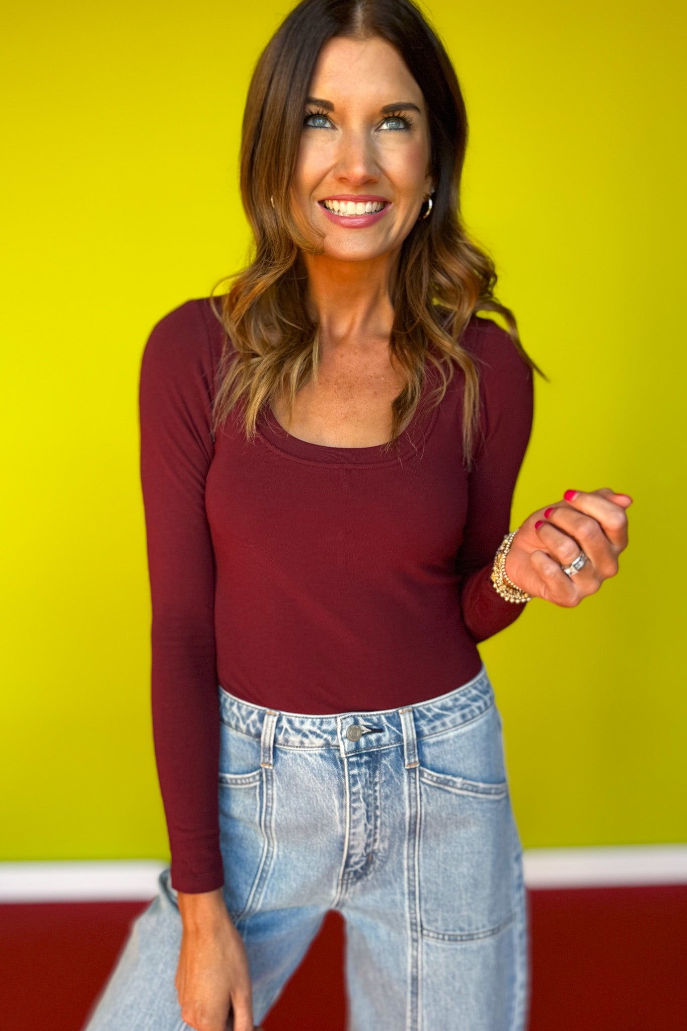 SSYS Long Sleeve U Neck Fleece Lined Bra Top In Maroon *FINAL SALE*