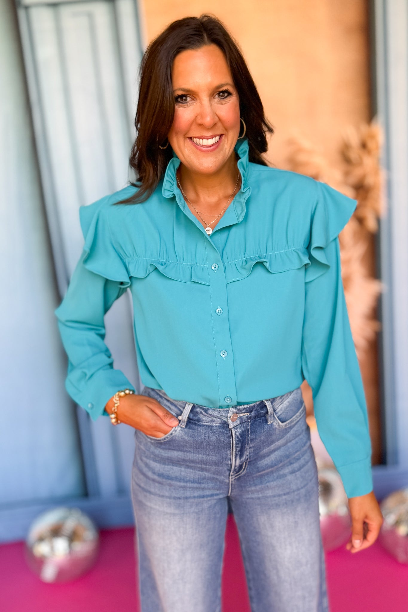 SSYS The Ashley Ruffle Long Sleeve Top In Aqua, ssys fall collection, ssys fall, fall style, fall outfit, must have fall, elevated fall, mom style, office style, office outfit, fall top, elevated top, ssys top, ssys by mallory fitzsimmons