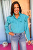 SSYS The Ashley Ruffle Long Sleeve Top In Aqua, ssys fall collection, ssys fall, fall style, fall outfit, must have fall, elevated fall, mom style, office style, office outfit, fall top, elevated top, ssys top, ssys by mallory fitzsimmons