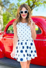 SSYS Matilda Polka Dot Skirt In White Navy, elevated skirt, easy to wear, new print, ssys design, must have piece, ssys by mallory fitzsimmons