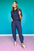 SSYS Sophie Puff Sleeve Ribbed Quilted Hoodie Top In Navy