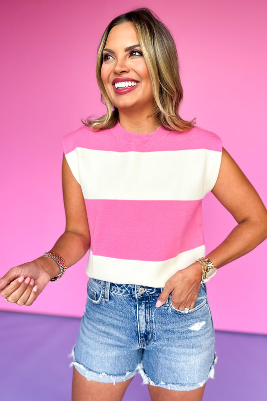 Pink Knit Striped Sweater Top