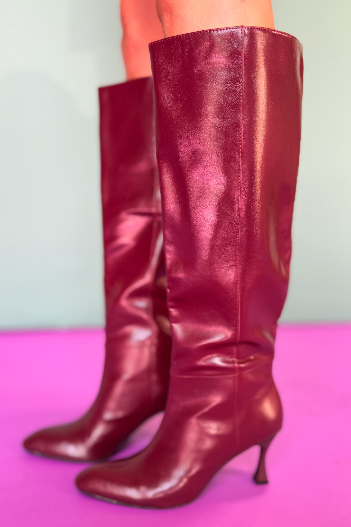 Wine Knee High Point Toe Boots