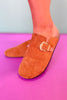 Tan Suede Buckle Flat Clogs