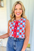 SSYS Sleeveless Everly Scallop Trim Top In White Red Patchwork, ssys design, updated print, patriotic, easy to wear, summer ready, ssys by mallory fitzsimmons