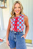 SSYS Sleeveless Everly Scallop Trim Top In White Red Patchwork, ssys design, updated print, patriotic, easy to wear, summer ready, ssys by mallory fitzsimmons