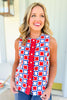 SSYS Sleeveless Everly Scallop Trim Top In White Red Patchwork, ssys design, updated print, patriotic, easy to wear, summer ready, ssys by mallory fitzsimmons