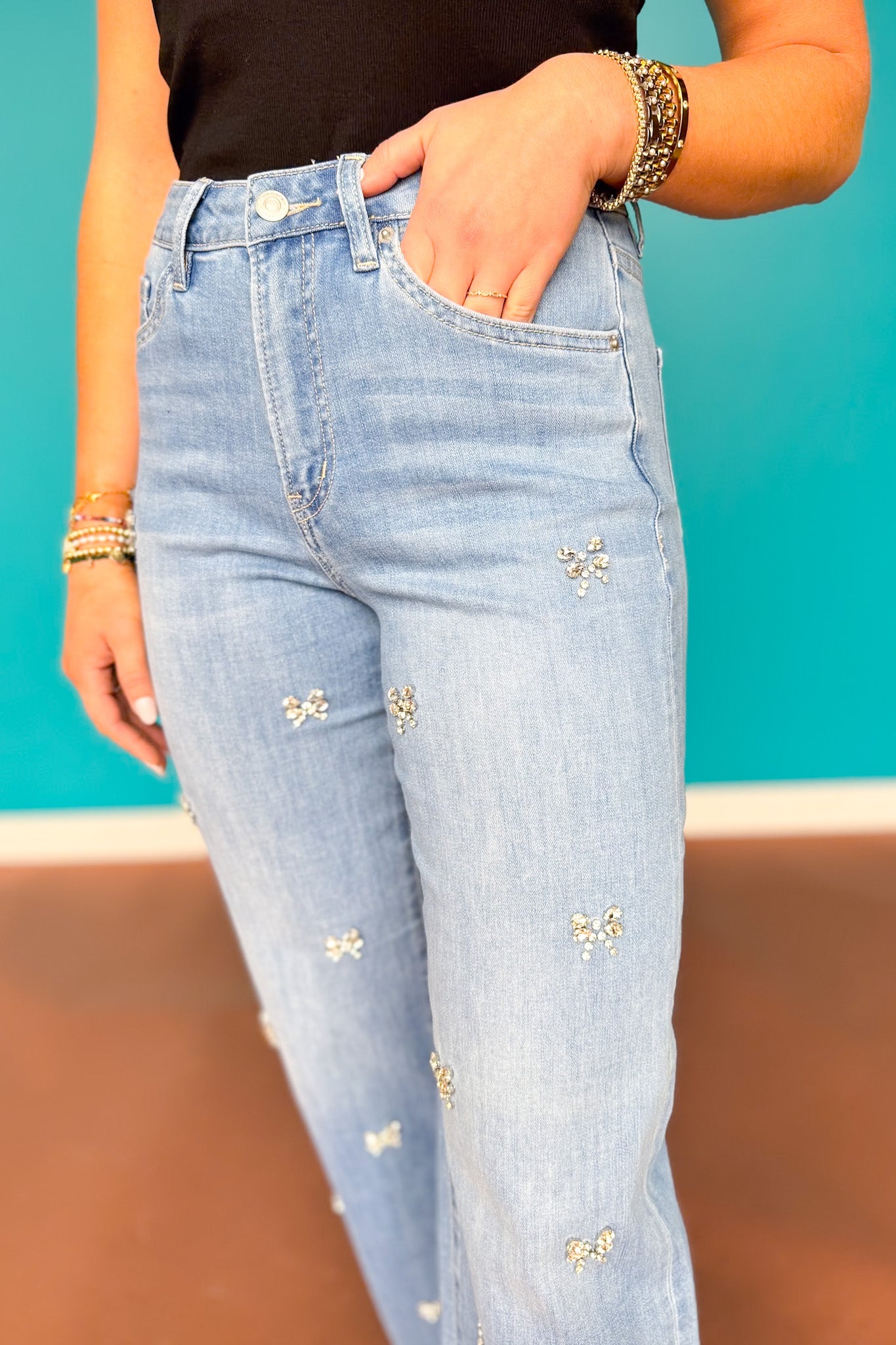Mica High Rise Wide Leg Rhinestone Bow Embellished Jeans *FINAL SALE*