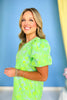 Green Floral Jacquard Embroidery Slit Neck Short Puff Sleeve Dress, ssys by mallory fitzsimmons