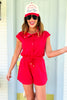 SSYS Amelia Button Funnel Neck Air Romper In Red, easy romper, elevated style, new arrivals, exclusive to ssys, ssys by mallory fitzsimmons