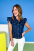 Indigo Denim Flutter Sleeve Button Down Top