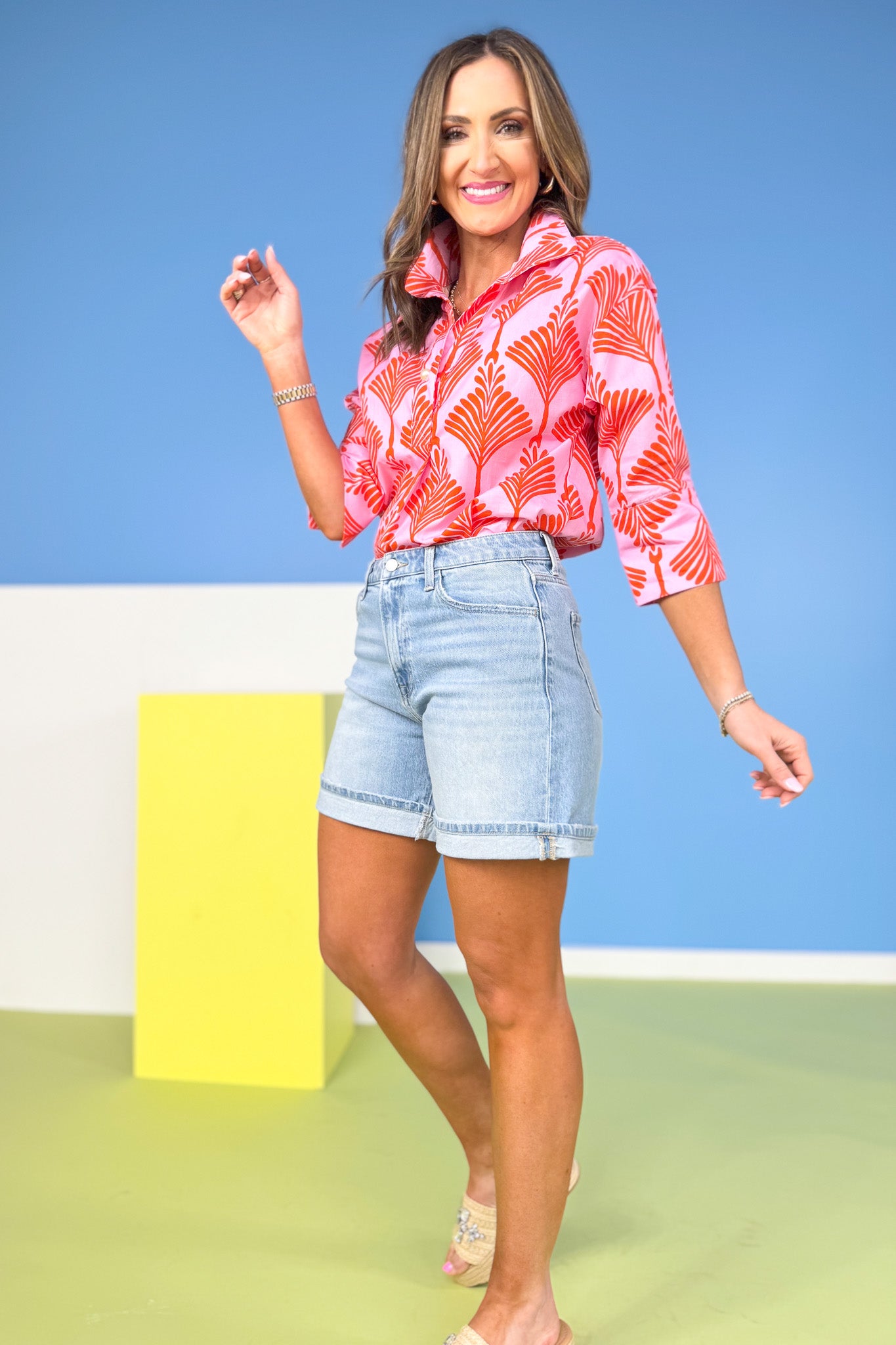 Orange Print Collar 3/4 Sleeve Top