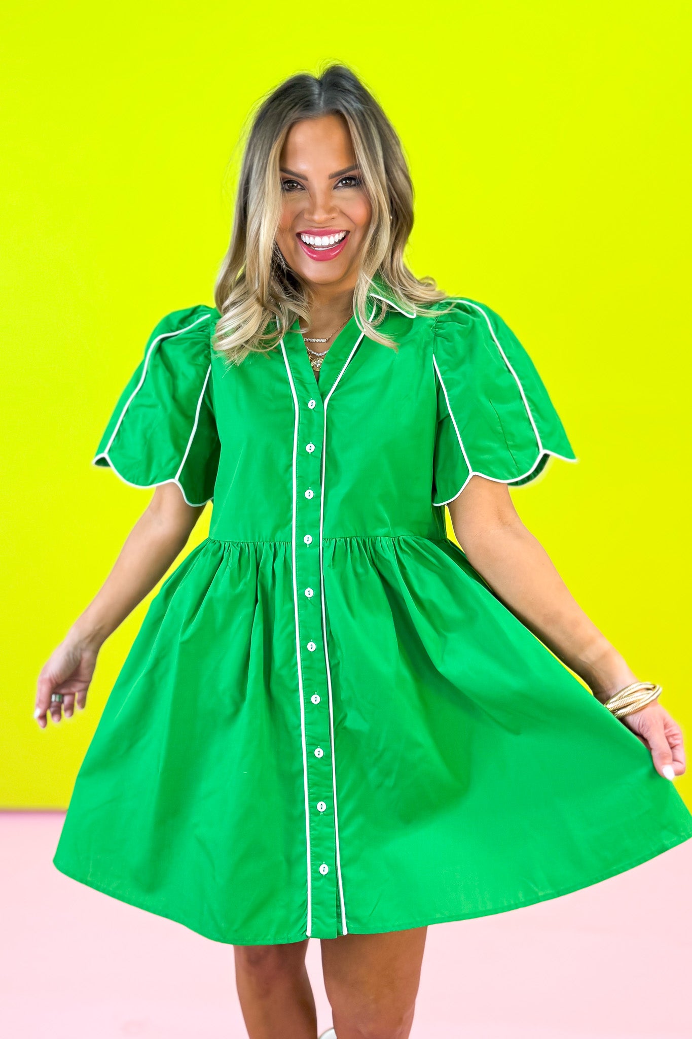 Green Contrast Binding Inset Tulip Hem Sleeve Dress