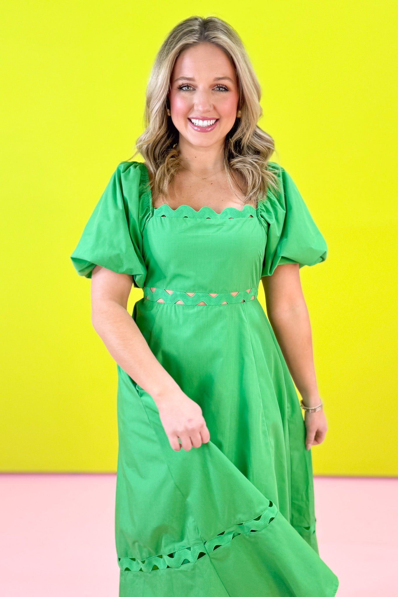 Green Square Neck Ric Rac Trim Puff Sleeve Midi Dress, st. patricks day, spring dress, church dress, ssys by mallory fitzsimmons