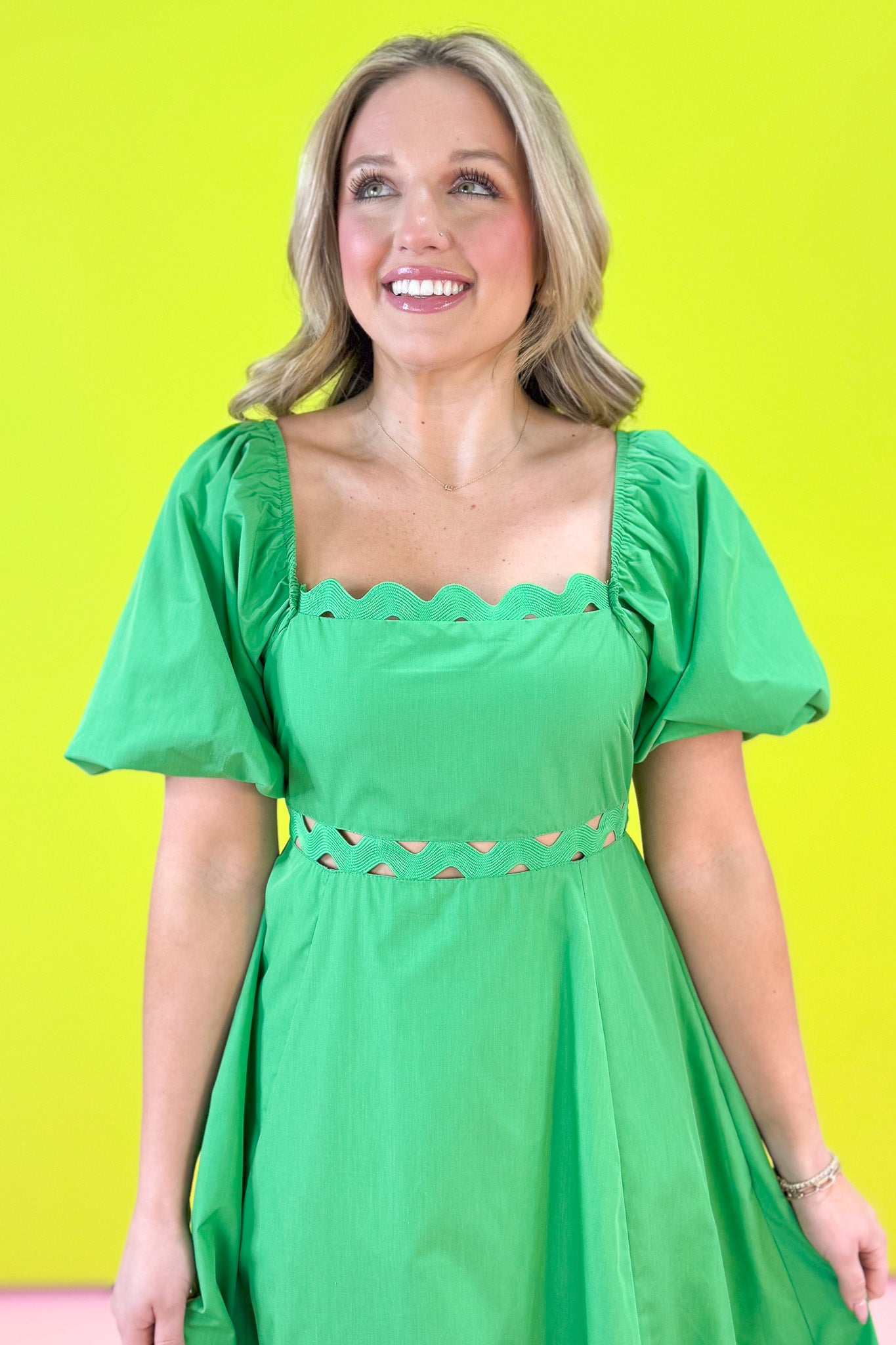 Green Square Neck Ric Rac Trim Puff Sleeve Midi Dress, st. patricks day, spring dress, church dress, ssys by mallory fitzsimmons