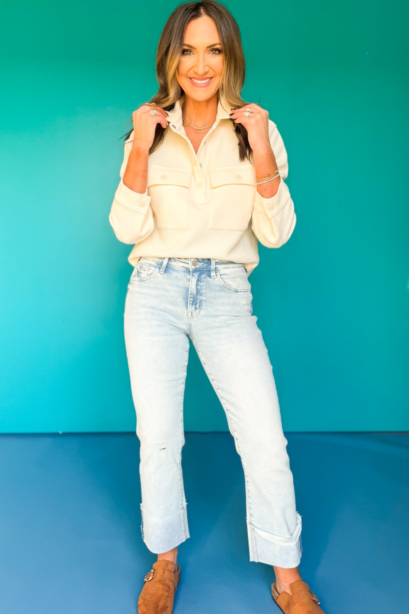 SSYS Fawn Waffle Knit Cropped Shacket Top In Cream